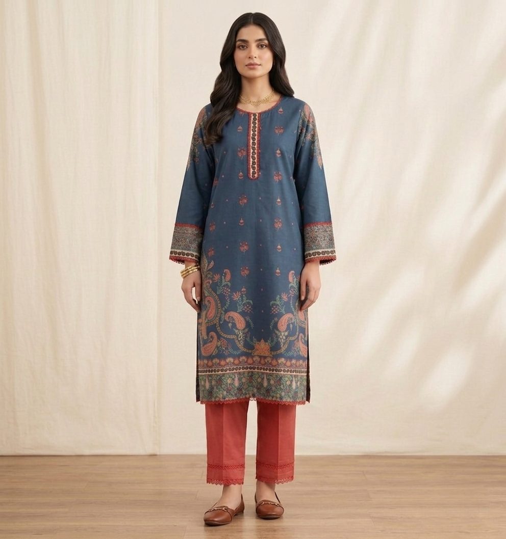 Classic Indigo Blue Printed 2-Piece Linen Suit with Rust Trousers