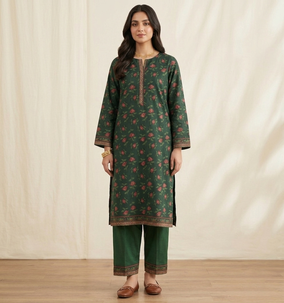 Elegant Forest Green Floral Printed 2-Piece Linen Suit