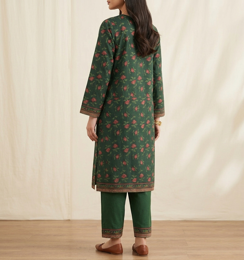 Elegant Forest Green Floral Printed 2-Piece Linen Suit